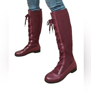Burgundy maroon red tall knee high lace up combat boot up size 7